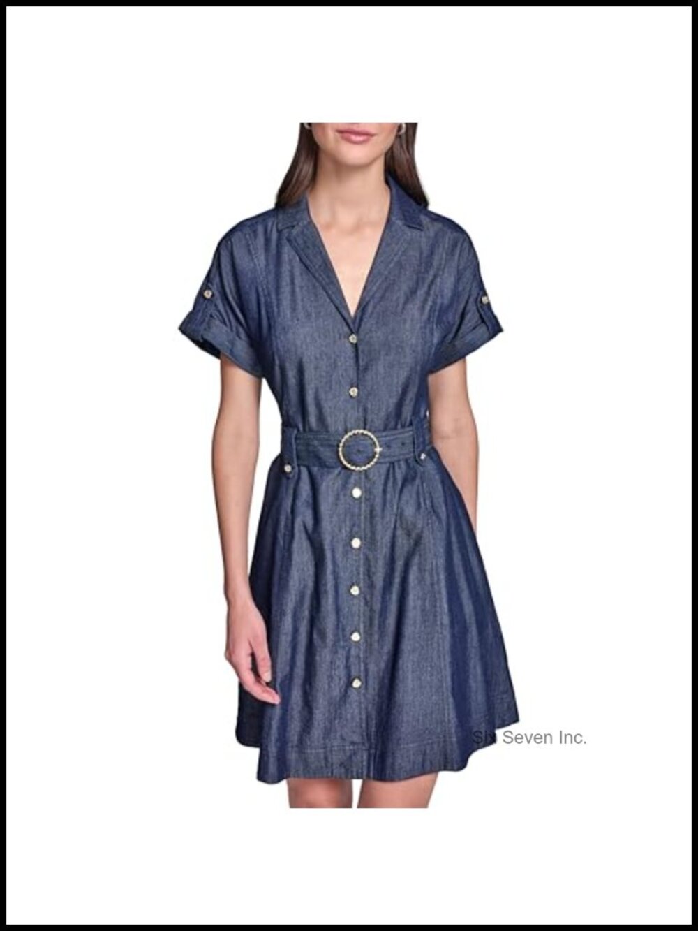 Karl Lagerfeld Women's Short Sleeve Collar Chambray Shirt Dress Fit and Flare